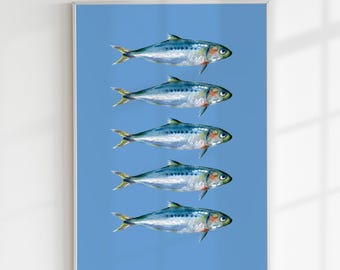 Sardine Print, Fish Wall Art, Aesthetic Kitchen Decor, Seafood Wall Art, Blue Cooking Poster, Trendy Wall Art, Colorful Food Art Print