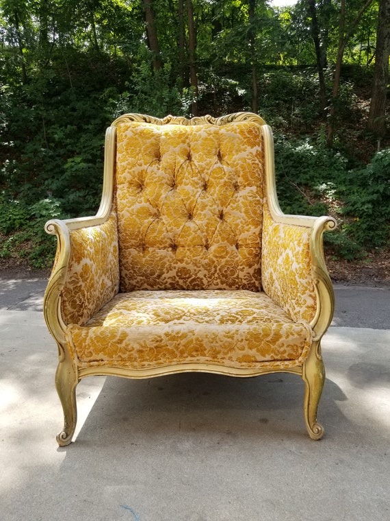 Vintage Yellow Velvet Armchair French Provincial Carved Wood Etsy