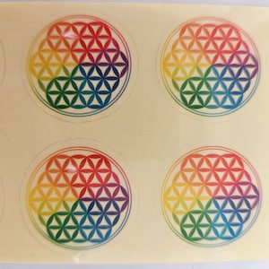 Peut inclure: Une feuille d'autocollants avec un motif de fleur de vie arc-en-ciel. Chaque autocollant est rond et a une bordure blanche.