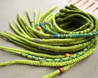 Dreadlocks vertes en laine mérinos : extensions de cheveux temporaires, cheveux de festival