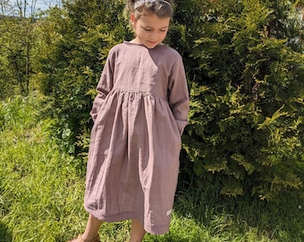 Linen dress in mauve with pockets for school enrollment, wedding, birthday, family, party