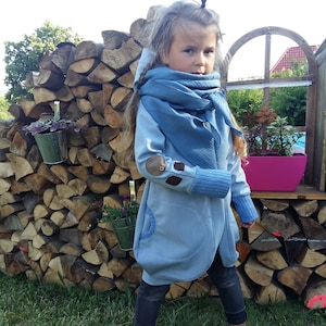 Softshell coat in light blue mottled with arm appliqué optionally with scarf