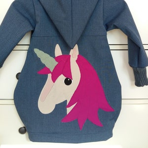 Softshell coat in blue melange with unicorn