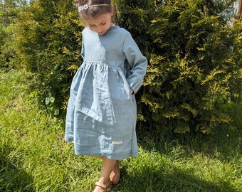 Leinenkleid mit Taschen für Einschulung,  Geburtstag,  Hochzeit,  Freizeit