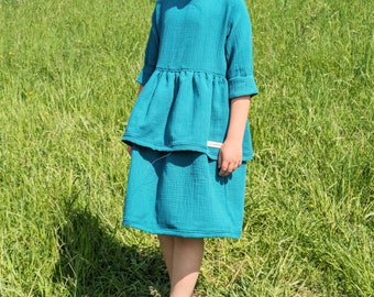 Muslin dress in petrol with three-quarter sleeves for school enrollment birthday wedding party leisure