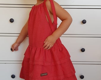 Trägerkleid mit drei Volants in Rot mit Minipünktchen für Geburtstag Schuleinführung Hochzeit Freizeit optional mit passendem Sweater