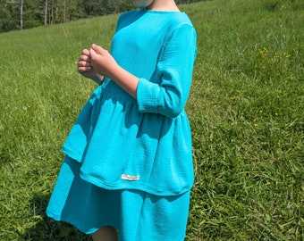Muslin dress in turquoise with three-quarter sleeves for school enrollment birthday wedding party leisure