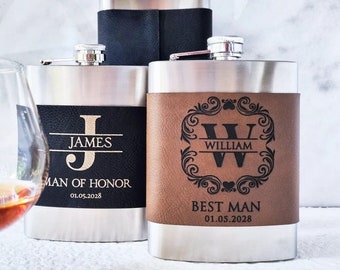 Personalized Flask, Wedding Leather Flask, Groomsmen Flask, Custom Engraved Leather Flask