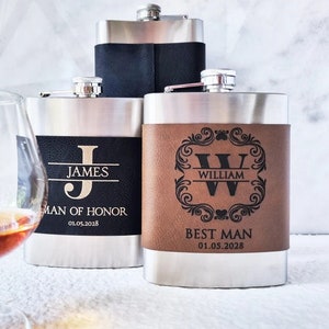 Personalized Flask, Wedding Leather Flask, Groomsmen Flask, Custom Engraved Leather Flask