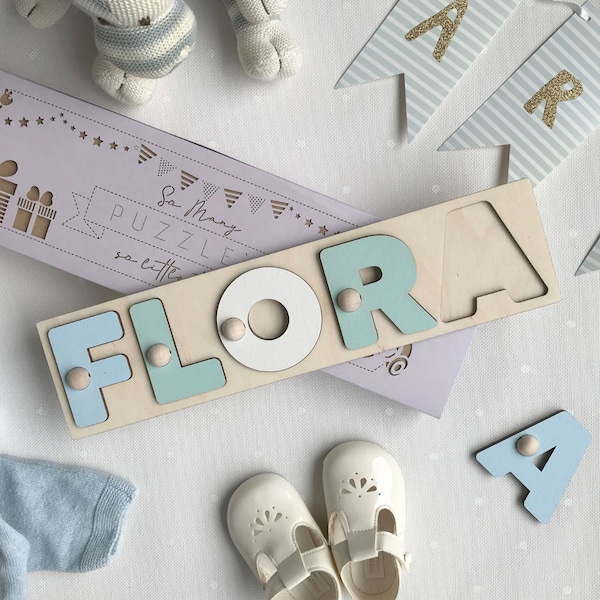 Personalisierte Puzzles mit dem Namen des Kindes Geschenkidee zum Geburtstag, Babyparty Holzpuzzle Rätsel mit Buchstaben Bunte Puzzles