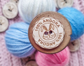 100% angora - wooden buttons with a rabbit | engraved composition label | for knitting, sewing and crocheted handicrafts