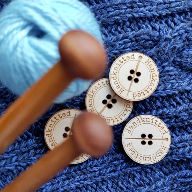 Handknitted wooden buttons with engraving and knitting needle for handmade knitted products made with love for knitters image 5