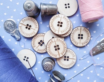 Handstitched - wooden engraved buttons with needle | laser cut buttons for sewers | for hand sewn and embroidered products | hand stitches