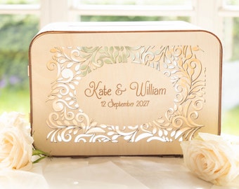 Personalized wedding greeting card box, wooden money box with slot, rustic wedding decor, custom keepsake box