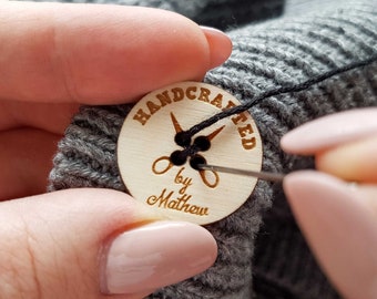 Handcrafted by - wooden personalized buttons | engraved buttons for handicrafts | for handmade products - crocheted and knitted | scissors