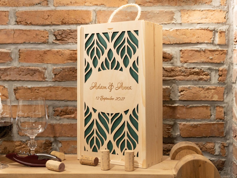 Wooden wine box for one gift birthday wedding anniversary engraver two wine glasses with engraving image 10