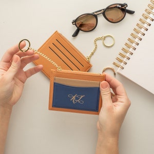 Portefeuille monogramme gravé initiales portefeuille en cuir végétalien porte-clés doré