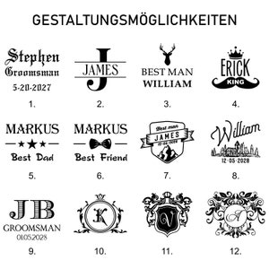 May include: A black and white image displaying 12 design options for a personalised gift. The designs feature names, dates, and titles such as "Best Man", "Groomsman", and "Best Dad".