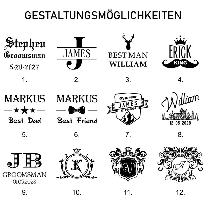 May include: A black and white image displaying 12 design options for a personalised gift. The designs feature names, dates, and titles such as "Best Man", "Groomsman", and "Best Dad".