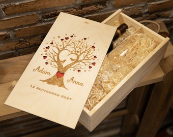 Personalized wooden wine box box for one gift birthday wedding anniversary tree + two wine glasses with engraving