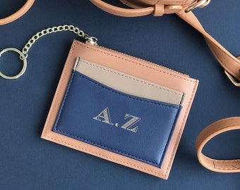 Wallet with initials engraved monogram Wallet made of vegan leather golden keychain
