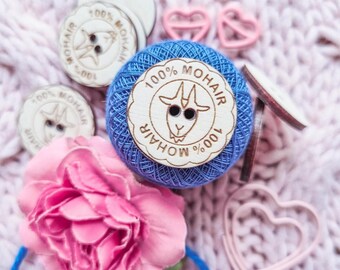 100% mohair - wooden buttons with a rabbit | engraved composition label | for knitting, sewing and crocheted handicrafts