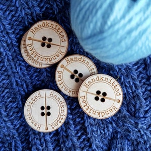 Handknitted wooden buttons with engraving and knitting needle for handmade knitted products made with love for knitters image 1