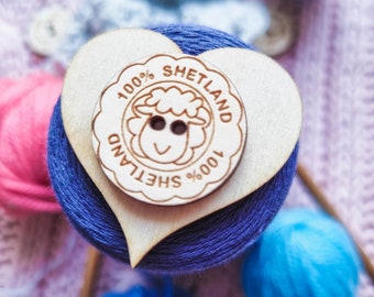 100% shetland - engraved buttons with a sheep | wooden composition labels | for knitted and crocheted needlecrafts from shetland wool