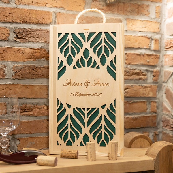 Personalisierte Weinkiste aus Holz für ein Geschenk Jahrestag Hochzeitstag Gravur Hochzeit Hochzeitsgeschenk zwei Weingläser Kelchglas Glas