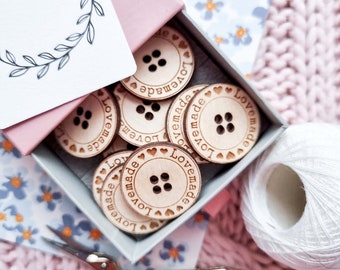 Lovemade - wooden buttons with engraved hearts | for handicrafts and handmade products | made with love for crafters | handmade buttons