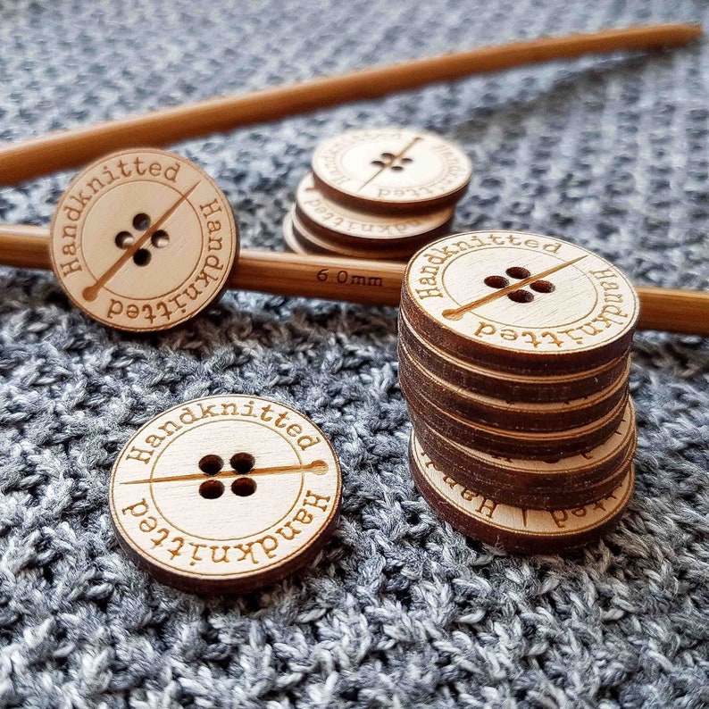 Handknitted wooden buttons with engraving and knitting needle for handmade knitted products made with love for knitters image 4