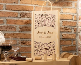Wooden wine box for one gift birthday wedding anniversary engraver + two wine glasses with engraving
