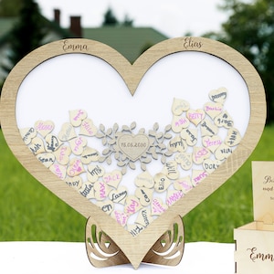 Wedding Wooden Personalized Guest Book Alternative Heart Drop Box Book and Pen Wedding Set 3D Rustic Unique Frame