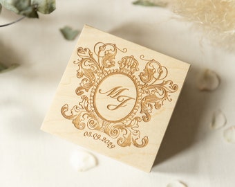 Beautiful Wooden Ring Box with personalization - various designs Natural Wood - Personalized Ring Box Heart Pillow Monogram Wedding Vintage