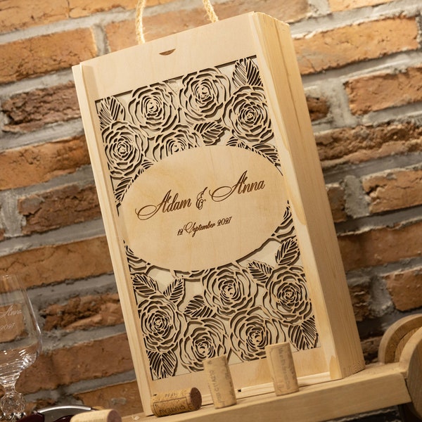 Wooden wine box for one gift birthday wedding anniversary engraver + two wine glasses with engraving