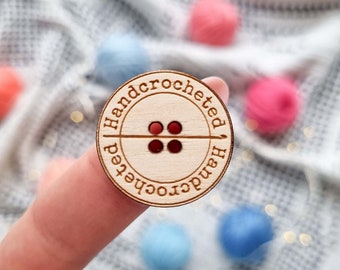 Handcrocheted - wooden engraved buttons | for handmade crocheted products | crochet hook | made with love | engraved labels | wood tags