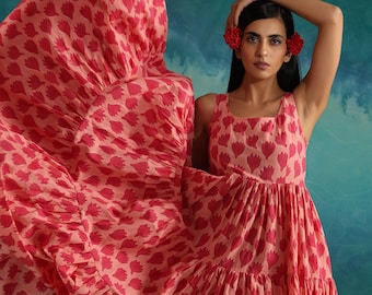 Pink floral multi tiered maxi dress