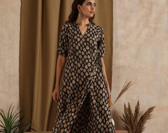 Tiered wrap dress in autumnal floral block print