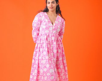 Deep neck block print floral pink dress with pleats