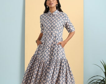 Blue diamond full flare cotton dress