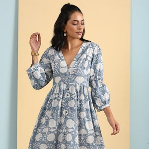 Deep Neck Block Print Cotton Floral Dress