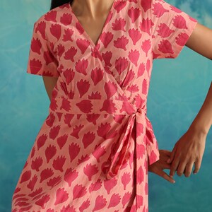 Tiered wrap dress in pink floral block print image 5