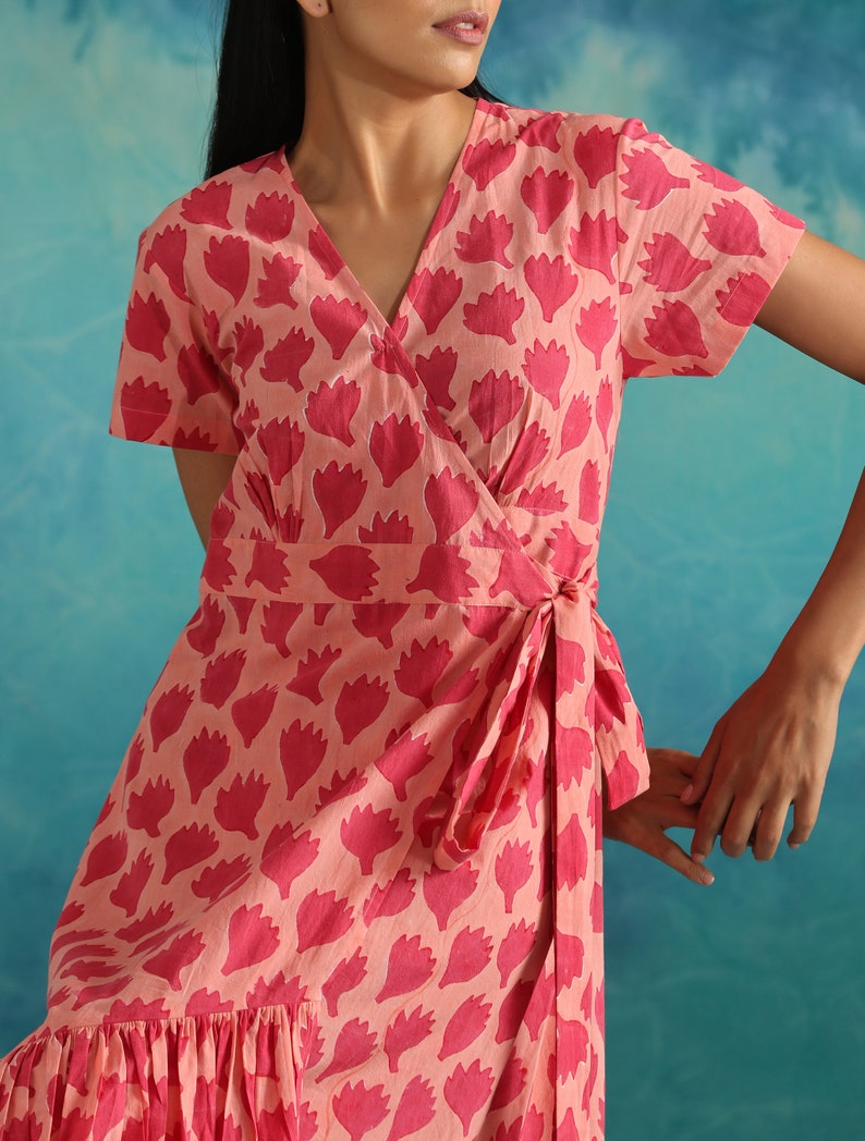 Tiered wrap dress in pink floral block print image 5