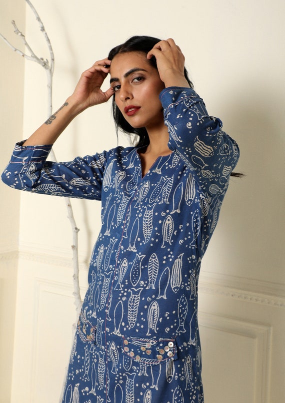 indigo block print dress