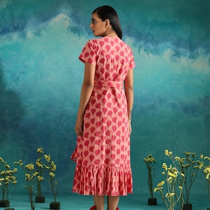 Tiered wrap dress in pink floral block print image 7