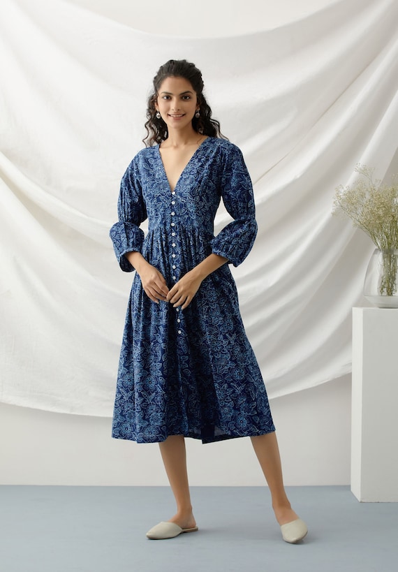 quirky midi dresses Deep Neck Indigo Floral Dress With Quirky Sleeves