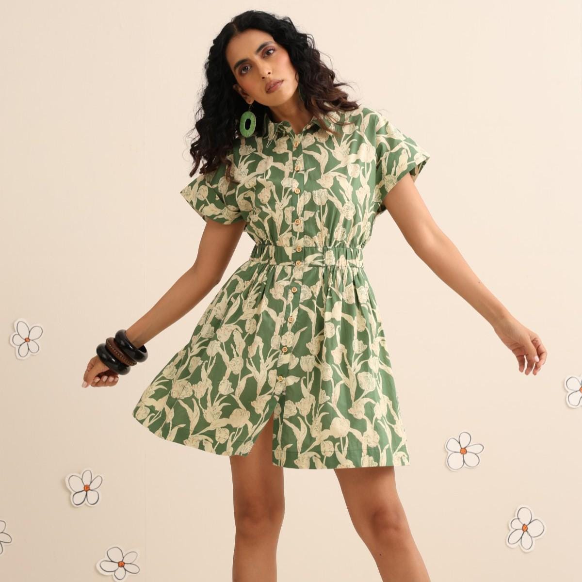 green floral cotton dress short in 100% YGroup_kelly-long