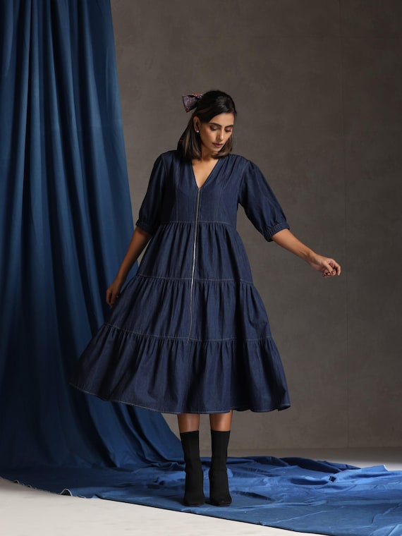 tiered denim dress Flower Design T-Shirt Denim Dress