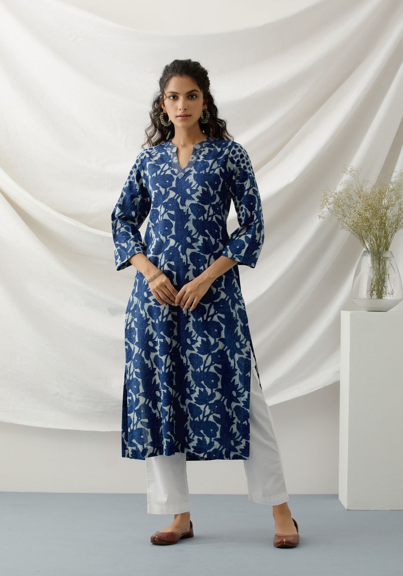 Indigo floral block print tunic zdjęcie 2