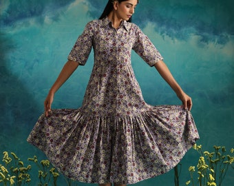 Pleated multi tiered midi dress in floral block print cotton fabric